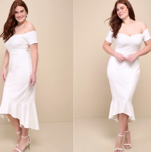 Lulu's How Much I Care ivory off shoulder fitted bodycon trumpet midi dress - Picture 6 of 12